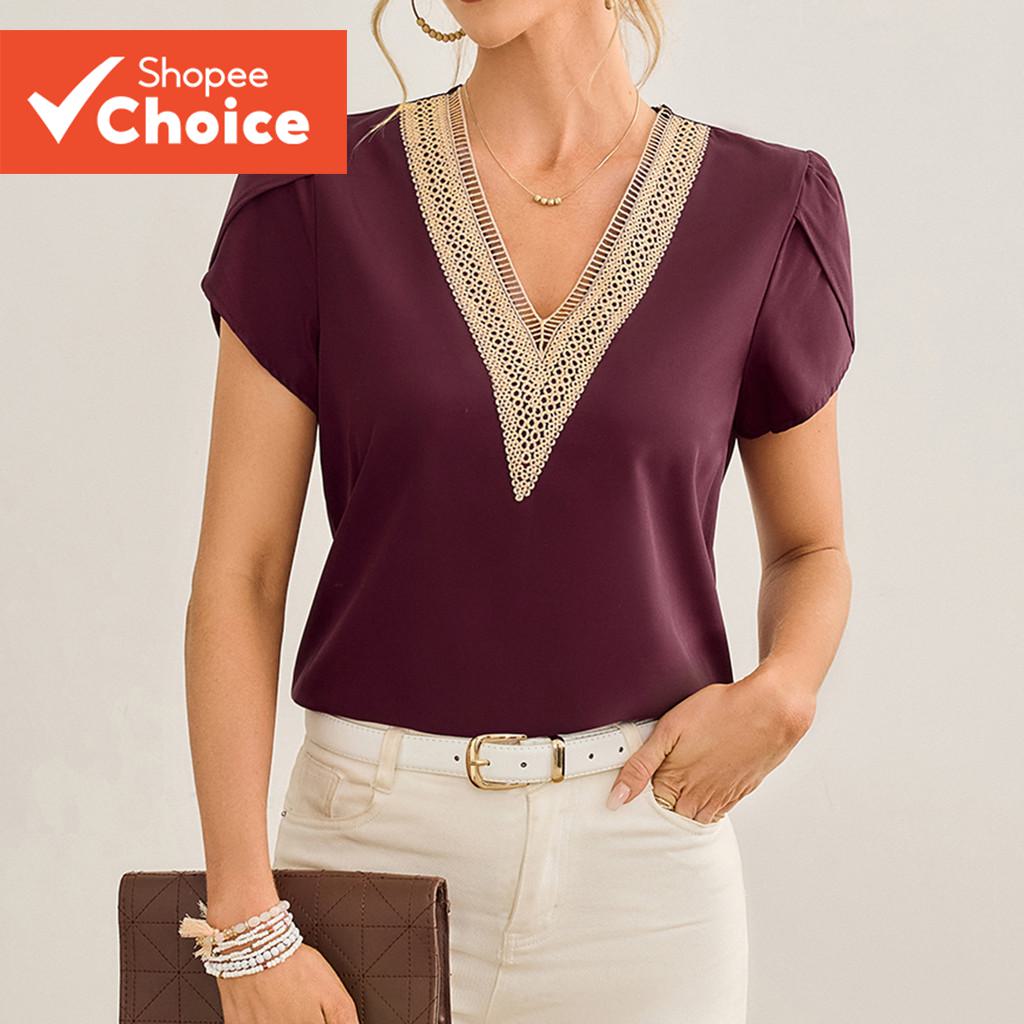 Lovito เสื้อเชิ้ตผู้หญิงสไตล์เรียบหรู คอระบาย ริ้วเรียบ LBL19214