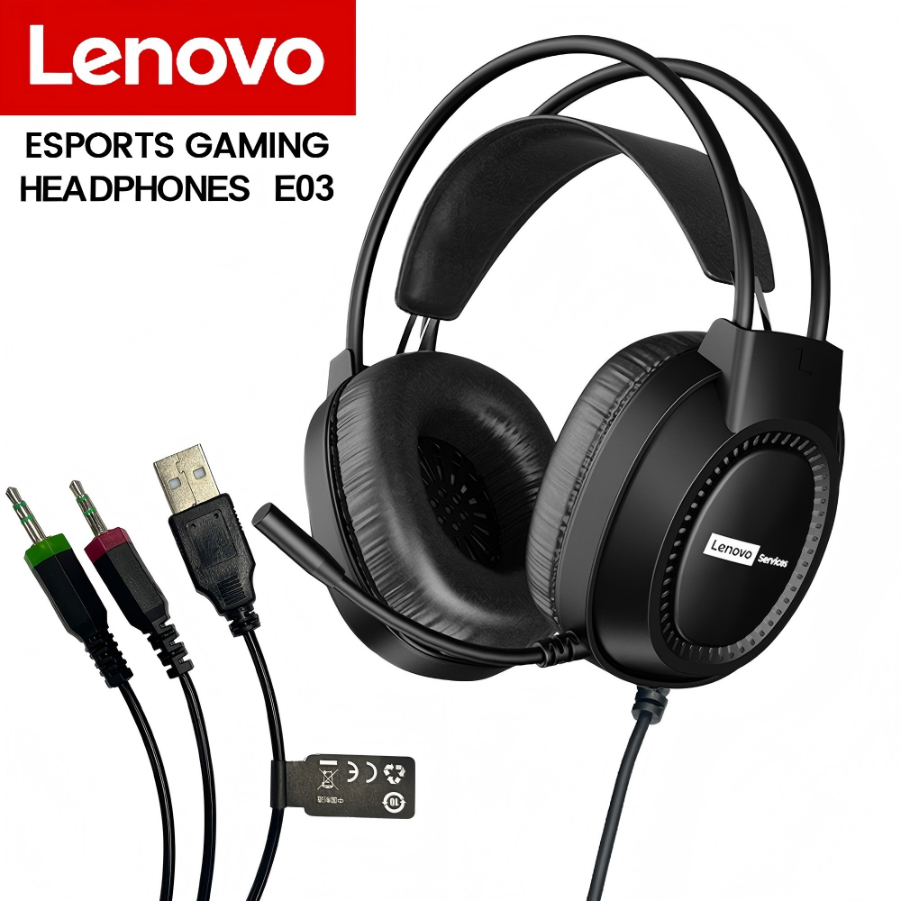  หูฟังเกมมิ่งแบบครอบหูมีสาย Lenovo E03 พร้อมระบบตัดเสียงรบกวน 7.1 HD, ไฟ RGB, ไมโครโฟน, ช่องเสียบ 3.5 มม. และไดร์เวอร์ขนาด 50 มม.
