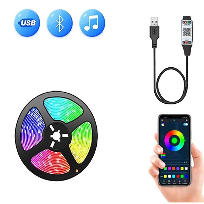 RGB SMD 5050 LED Strip – APP การควบคุมบลูทูธพร้อมรีโมท 24 คีย์สําหรับตกแต่งห้องทีวี, ไฟนางฟ้า