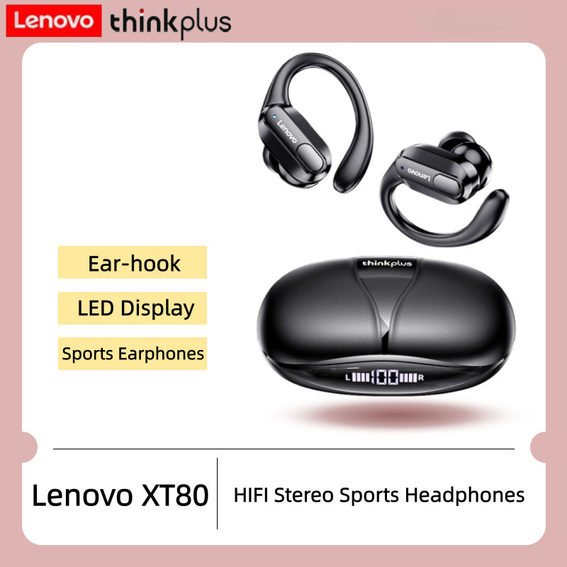 หูฟังไร้สายสําหรับกีฬา Lenovo XT80 พร้อมไมค์ จอแสดงผล LED พลังเสียงไฮไฟสเตอริโอ บลูทูธ 5.3 หูฟังไร้สาย กันน้ํา