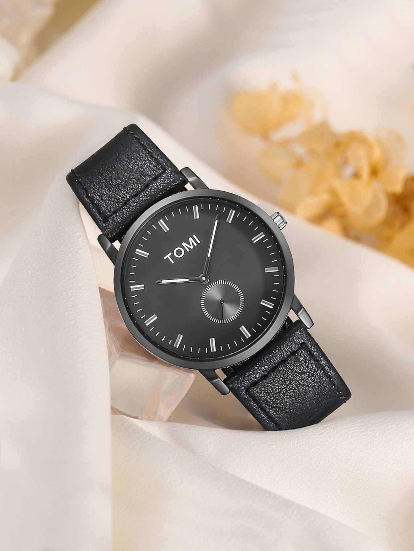 TOMI Men Minimalist Small Second Black Dial White Mark Leather Watch Gift