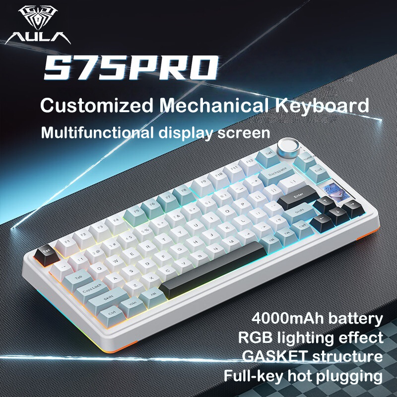  คีย์บอร์ดกลไกไร้สาย AULA S75Pro แบบโครงสร้าง Gasket แบบสามโหมด 2.4G บลูทูธ เปลี่ยนคีย์แคปได้ครบทุกปุ่ม มีไฟ RGB เหมาะสําหรับการใช้งานกับแท็บเล็ตและเล่นเกม