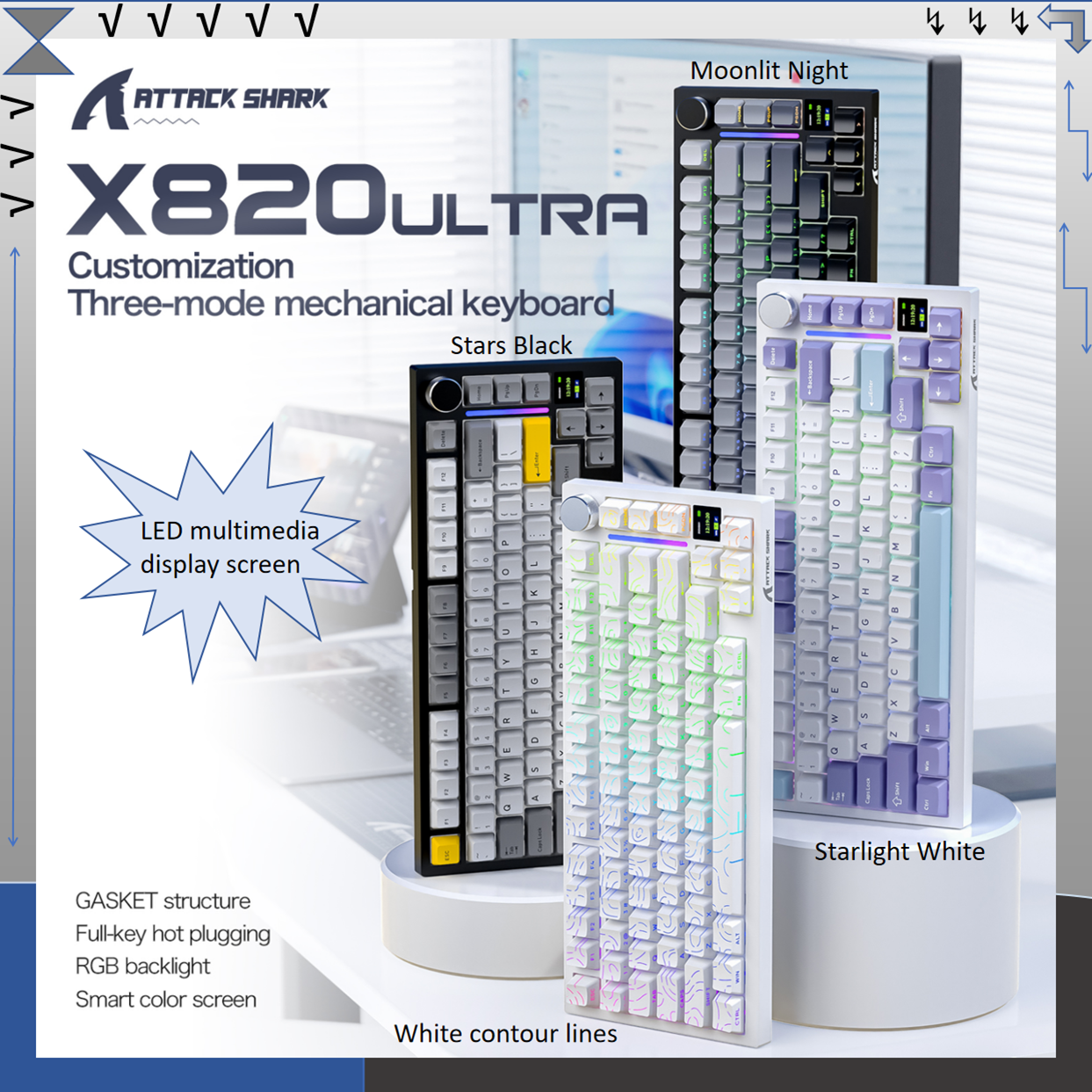  คีย์บอร์ดกลไกสามโหมด ATTACK SHARK X820Ultra ขนาด 75%, หน้าจอสีอเนกประสงค์, เสียบร้อนได้ทุกปุ่ม, ไฟแบ็คไลท์ RGB, โครงสร้าง GASKET
