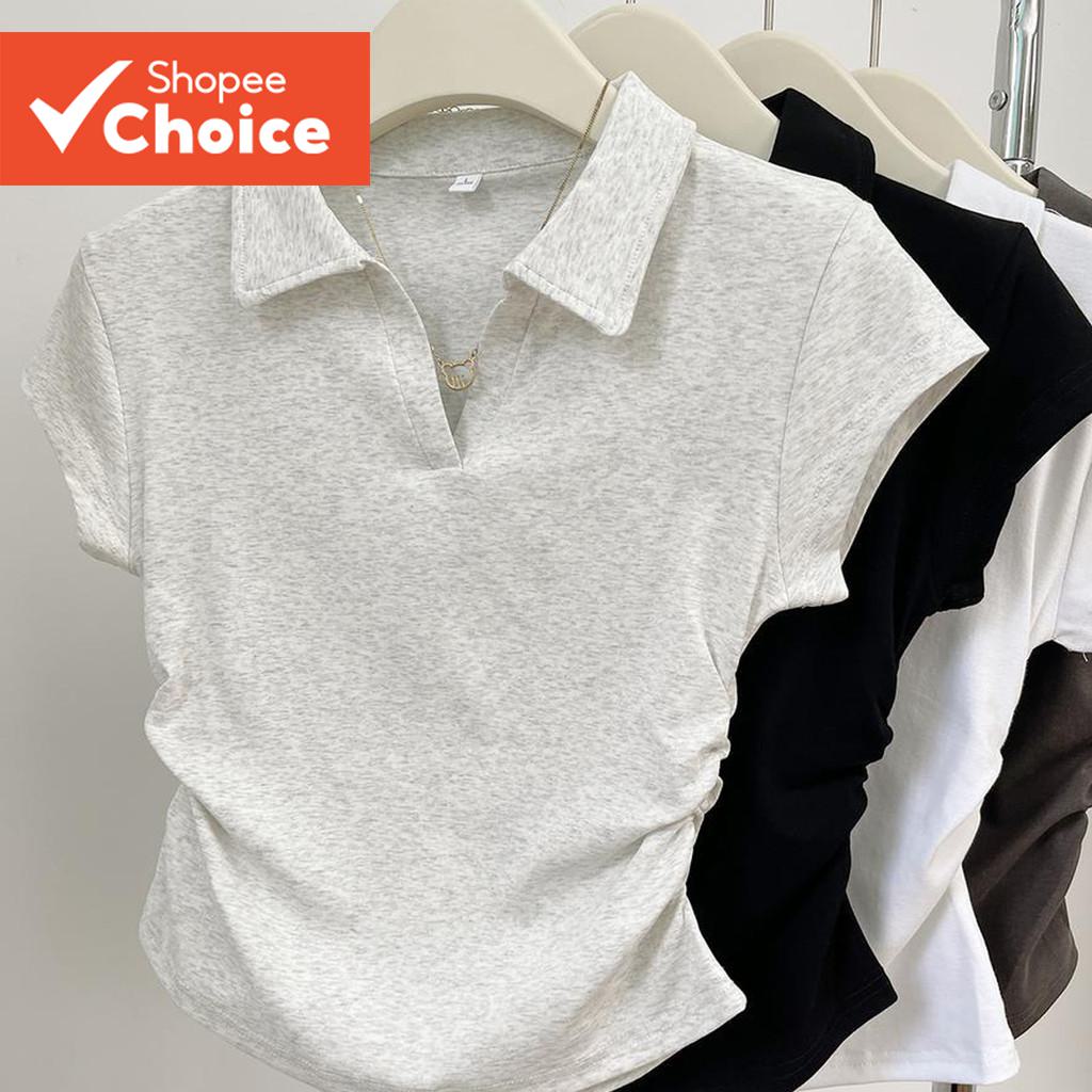 Lovito เสื้อยืดผู้หญิงแบบเรียบจีบ LNE62535