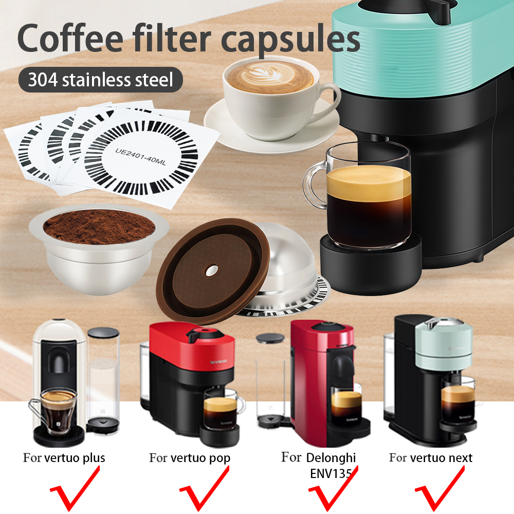 เข้ากันได้กับแคปซูลสแตนเลส Nespresso Vertuo มาพร้อมกับฝาซิลิโคนและสติกเกอร์รหัสแท่งแบบใช้ซ้ําได้ 4 ชิ้น และรองรับฟิลเตอร์เติมผง DIY