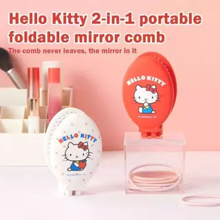 MINISO ซีรีส์เฮลโลคิตตี้ - กระจกและหวี 2-in-1 แบบพกพา พับได้ ขนาด 9 ซม. × 5.5 ซม. (สีแดง/ขาว)