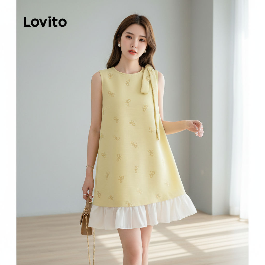 Lovito Elegant ชุดเดรสสีตัดกัน สีเหลือง สําหรับผู้หญิง แฟชั่นฤดูใบไม้ผลิ ฤดูร้อน L156AD125