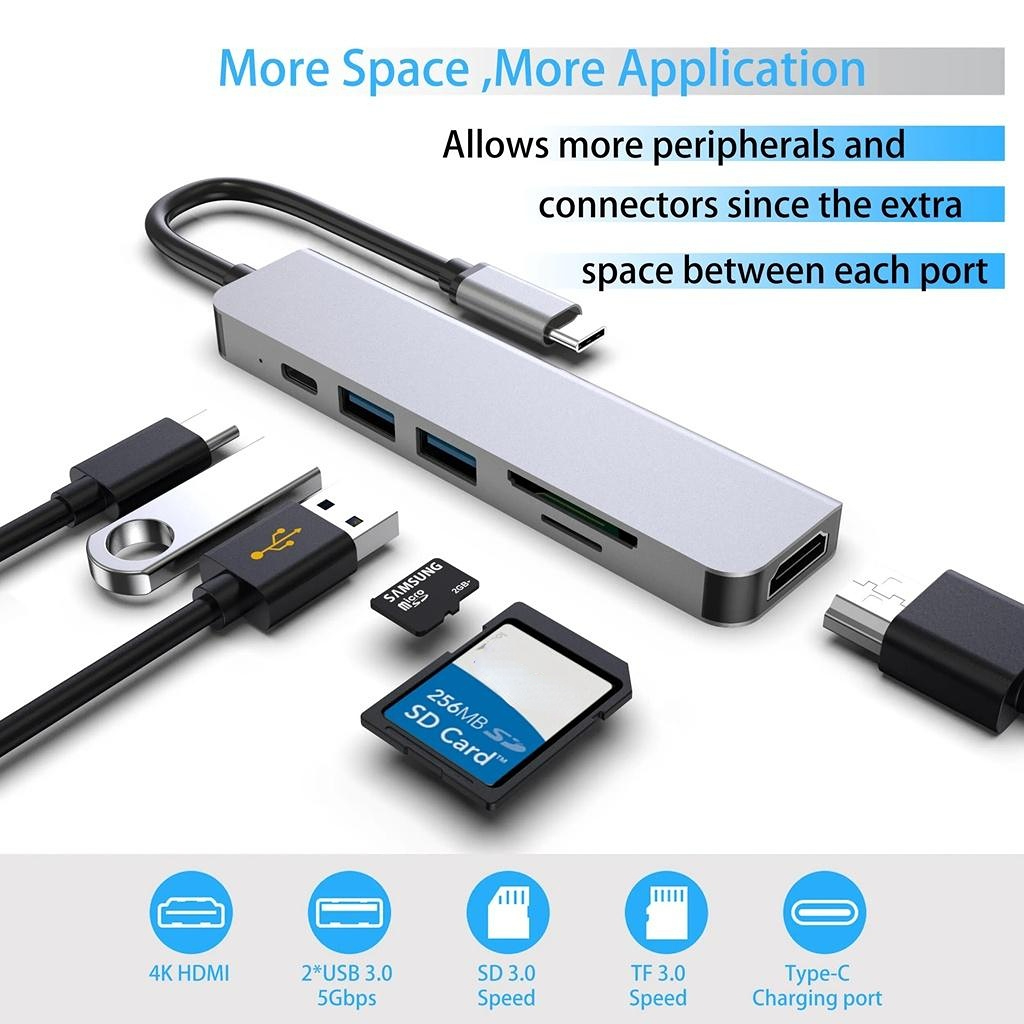 ประเภท C HUB 6 In 1 USB 3.0 USB-C 87w PD SD TF Card Slot HDMI 4K Dock Station สําหรับ MacBook Pro Ai
