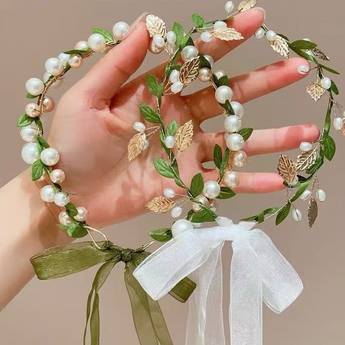 ที่คาดผมมุกเทียมสีเขียวพร้อมคลิปหนีบสําหรับเครื่องประดับผมเจ้าสาวงานแต่งงานสไตล์ โบโฮ