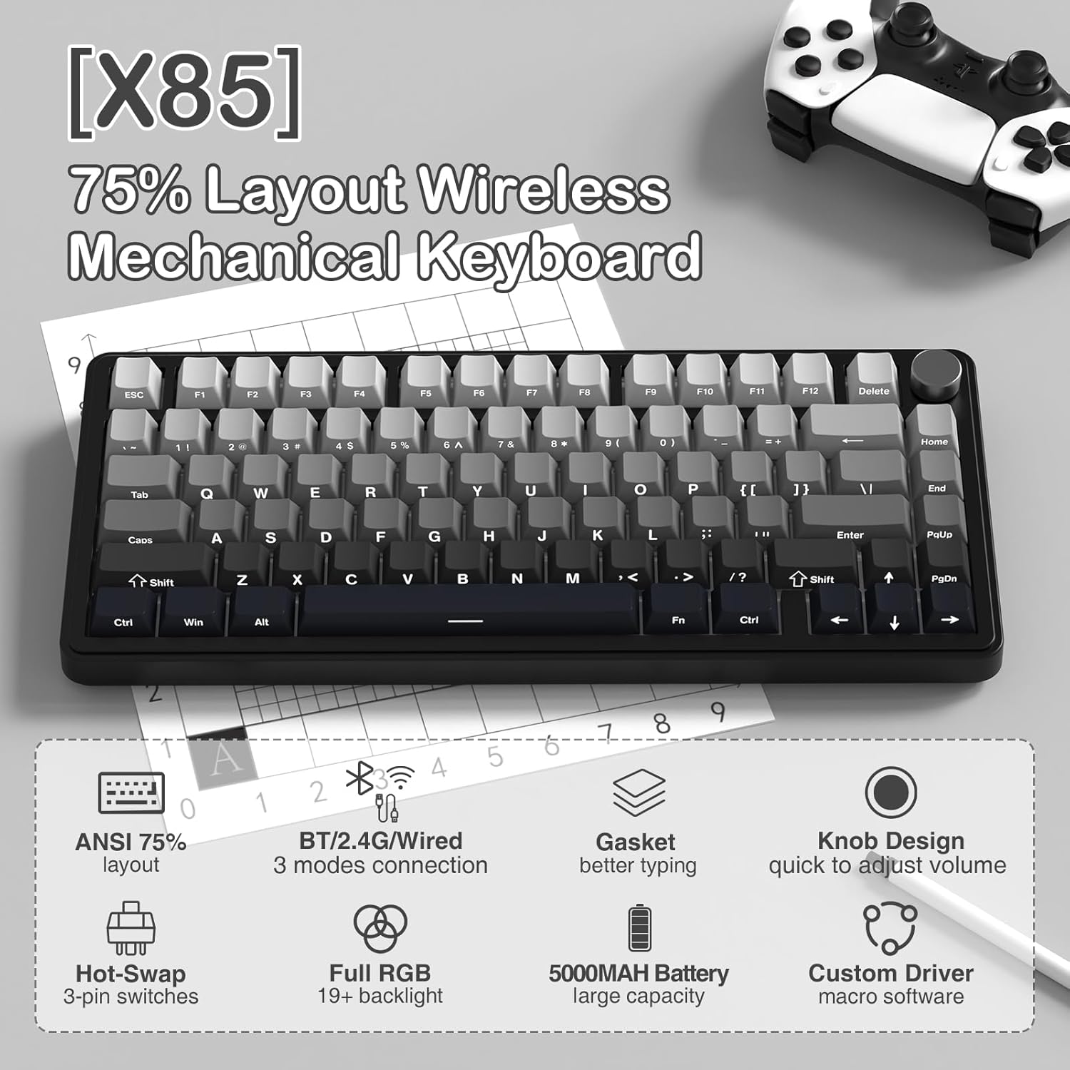  ฉลามโจมตี X85 คีย์บอร์ดกลไกสําหรับเล่นเกมแบบไร้สาย 75% - สวิตช์เชิงเส้นเปลี่ยนได้พร้อมไฟ RGB, เมาท์แบบแก๊สเก็ต, คีย์แคปพิมพ์ด้านข้าง PBT