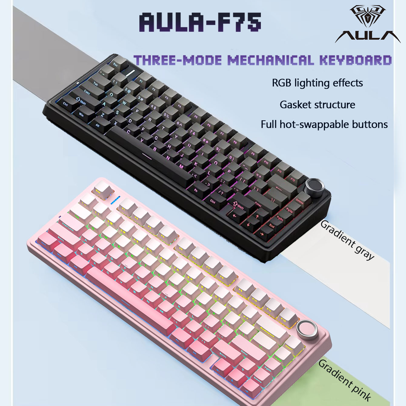  คีย์บอร์ดกลไกสําหรับเล่นเกม AULA F75 ไร้สาย แบบ 75% พร้อมเลย์เอาต์ RGB ปรับแต่งได้ เมาท์แบบกาสเก็ต 80 ปุ่ม คีย์แคป PBT ไล่เฉดสีด้านข้างฝังตัวอักษร