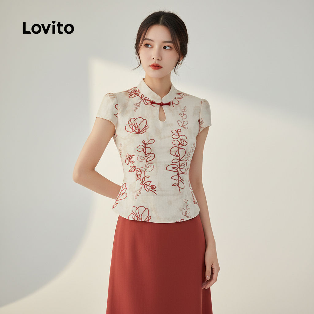Lovito เสื้อเชิ้ตผู้หญิงสไตล์จีนลายดอกเรียบง่ายสําหรับฤดูใบไม้ผลิฤดูร้อน สีแอปริคอท L172ED1634