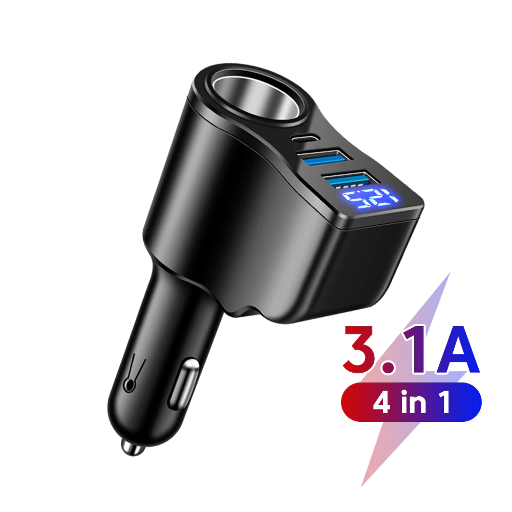 ที่ชาร์จในรถแบบ 4-in-1 มีหน้าจอแสดงผลดิจิตอล 2 USB 1 Type C ชาร์จเร็ว 3 พอร์ต สีดํา สําหรับใช้ในรถยนต์