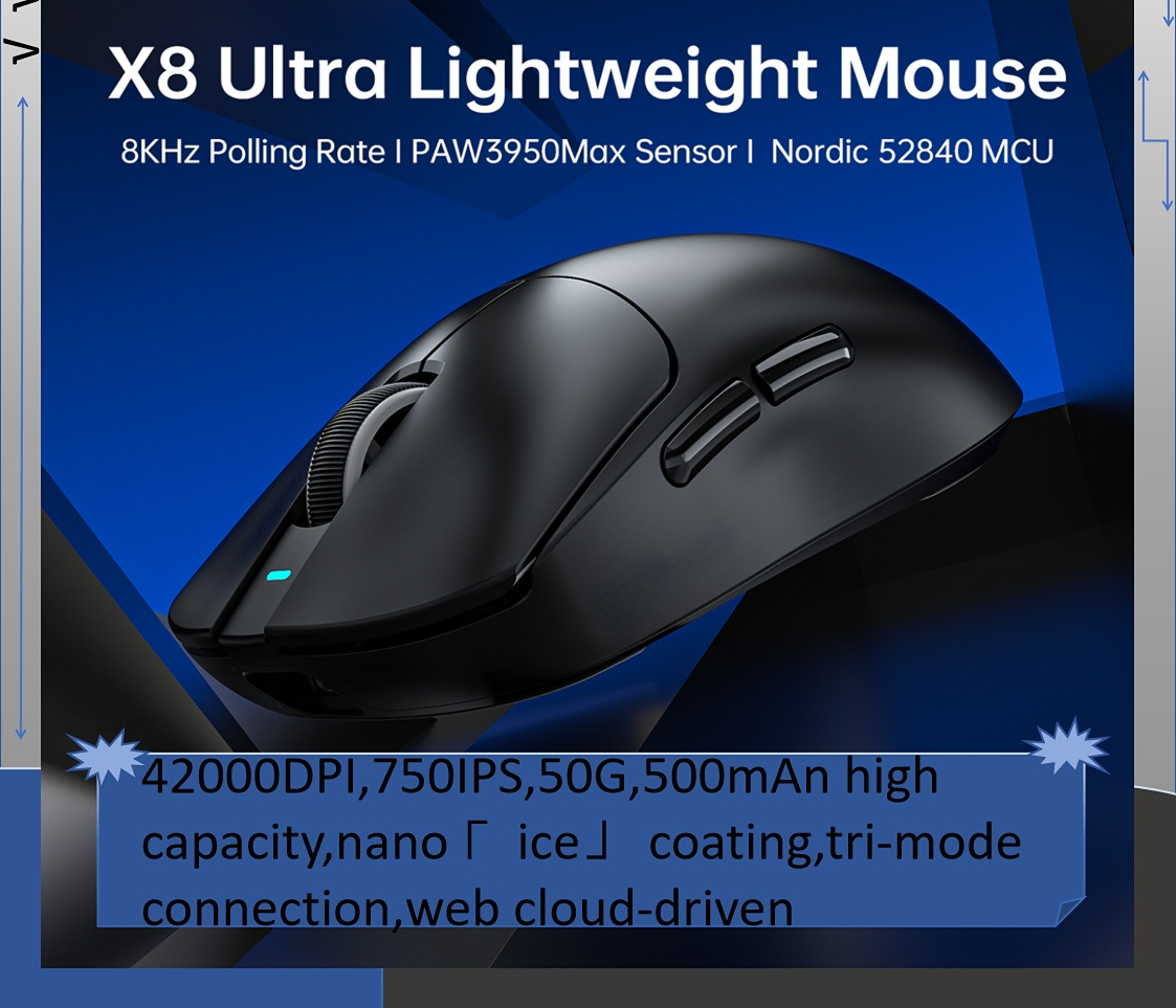  เมาส์เกมมิ่งน้ําหนักเบา ATTACK SHARK X8 Ultra: อัตราโพลลิ่ง 8KHz, เซ็นเซอร์ PAW3950Max, MCU Nordic 52840, DPI 42,000, IPS 750, แรงเร่ง 50G, แบตเตอรี่ 500mAh, เคลือบนาโนไอซ์, เชื่อมต่อ 3 โหมด