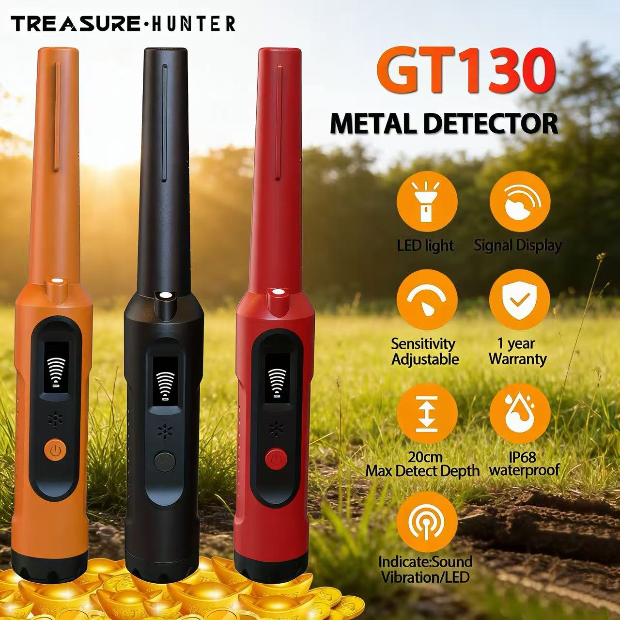 เครื่องตรวจจับโลหะ Treasure Hunter GT130 หน้าจอ LED มี 9 โหมด กันน้ํามาตรฐาน IP68 สแกน 360° สีส้ม สีแดง สีดํา 1 ชิ้น