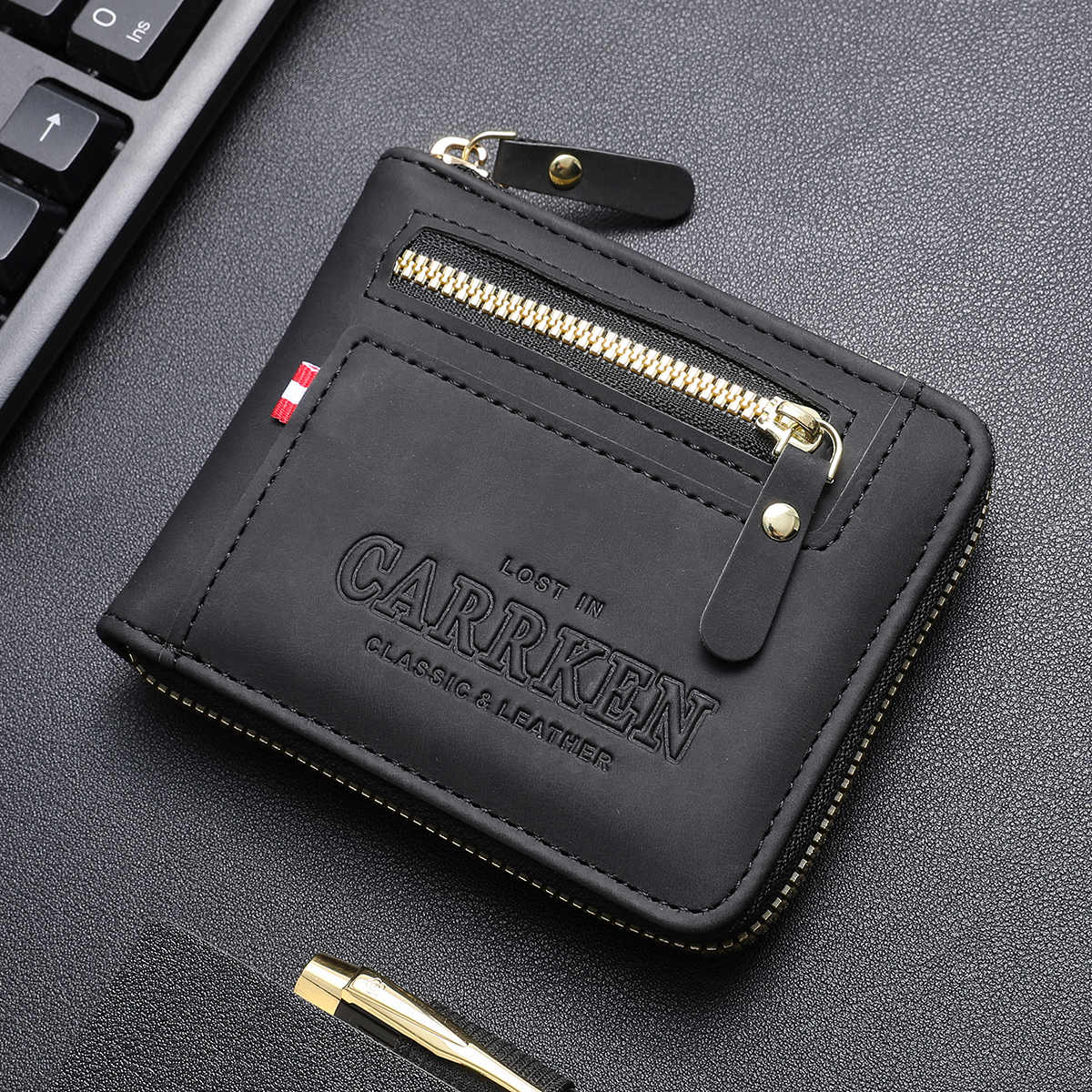 CarrKen กระเป๋าสตางค์ใบสั้นสําหรับผู้ชาย Casual Zip Letter-Embossed Multi-Card ID Case พร้อมกระเป๋าใส่เหรียญ