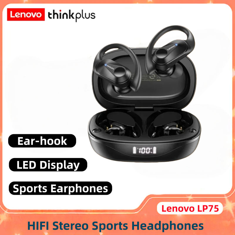 Lenovo LP75 หูฟัง TWS Earhooks หูฟังกีฬา IPX5 กันน้ํา ENC ลดเสียงรบกวน HiFi Bass เวลาเล่นยาวจอแสดงผล LED หูฟัง HD Mic เพลง Gamer ชุดหูฟังมืออาชีพ