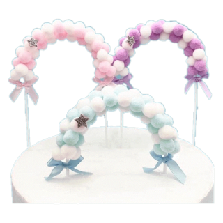 ป้ายปักเค้ก ซุ้มโค้ง ซุ้มบอลลูนปักเค้ก ซุ้มปอม3สี cake topper(ชมพู)