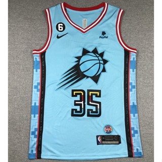 เสื้อกีฬาบาสเก็ตบอล ปักลายนกฟินิกซ์ suns 35 Kevin Durant mark 6 สีฟ้าอ่อน สําหรับผู้ชาย 2023