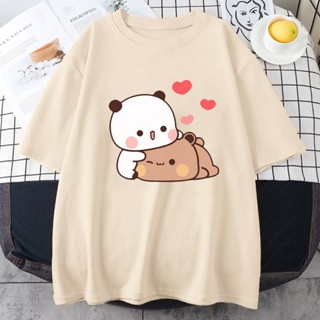 เสื้อยืดคอกลม ผ้าฝ้าย 100% พิมพ์ลายการ์ตูนหมีแพนด้า Bubu and Dudu สไตล์ฮาราจูกุ สําหรับผู้หญิง และผู้ชาย