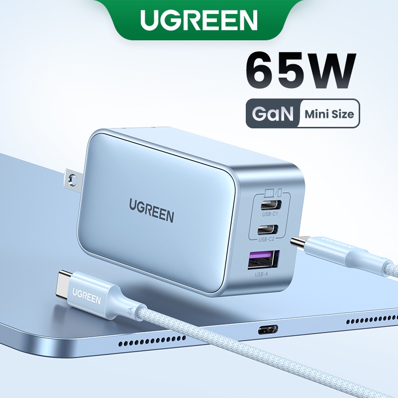 Ugreen บล็อกชาร์จ USB C 65W 3 พอร์ต พับได้ สําหรับ MacBook Pro Air Dell XPS iPhone 15 Pro Max 14 Pro Max iPad Pro Air Galaxy S23 For Samsung S24 Ultra