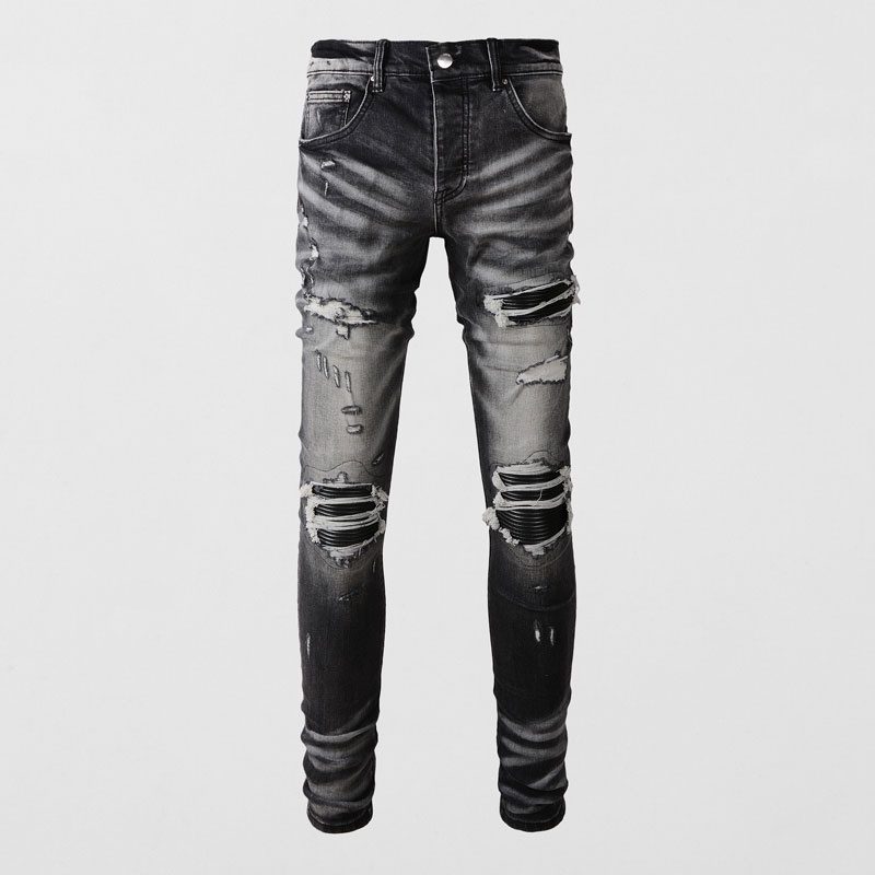 AMIRI สตรีทแฟชั่นผู้ชายกางเกงยีนส์สีน้ำเงินวินเทจบางพอดีแตกหลุมแพทช์ปุ่มรุ่นคุณภาพสูงกางเกงยีนส์ถนน