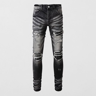 AMIRI European station new men jeans, gray slim fit tear patch casual street fashion # high street jeans