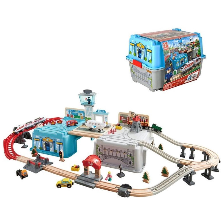 Hape - Super City Scape Transport Bucket รางรถไฟธีมในเมือง ชุดใหญ่จัดเต็ม พร้อมถังเก็บ จำนวน 80 ชิ้น (3y+) - E3773