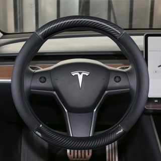 ปลอกหนังหุ้มพวงมาลัยรถยนต์ คาร์บอนไฟเบอร์ กันลื่น สําหรับ Tesla Model 3 2016 2018 2019 2020