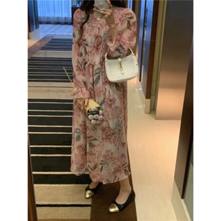 Suxi ชุดเดรสแขนยาว ผ้าชีฟอง ลายดอกไม้ ทรงหลวม สไตล์เกาหลีวินเทจ สําหรับผู้หญิง