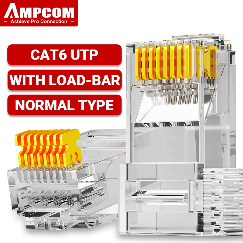 AMPCOM ตัวเชื่อมโมดูล CAT6 RJ45 ชนิด UTP 50μ สำหรับสายอีเทอร์เน็ตชนิด Ethernet ปลั๊ก 8P8C สองส่วน รีเจสเตอร์ทองคำ 50 ไมครอน - 100 ชิ้น