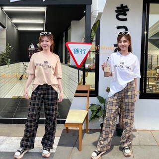 Cafe💄งานเซต 2 ชิ้น เสื้องานพิมพ์ลาย มาพร้อมกางเกงลายสก็อต เซตเดียวจบ🌳