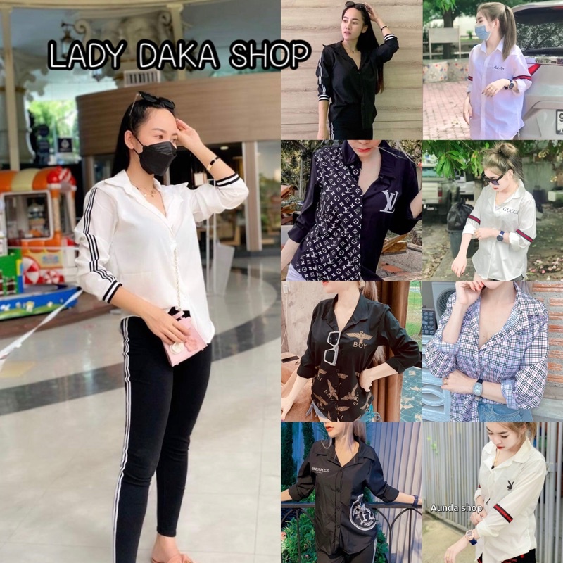 💛LADY DAKA SHOP💛 เสื้อเชิ้ตแขนยาวสีขาวแต่งแถบกับเลกกิ้งหนาแทบขาว2แถบ ใส่สบาย สวยๆ