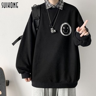 ▫Suikone เสื้อกันหนาวผู้ชาย เสื้อสเวตเตอร์คอมกลมผู้ชาย oversized พิมพ์ลายแฟชั่น