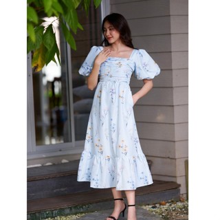 SP233 : Floral Watercolour Taffeta Dress ชุดเดรสผ้าแพรลายดอกไม้