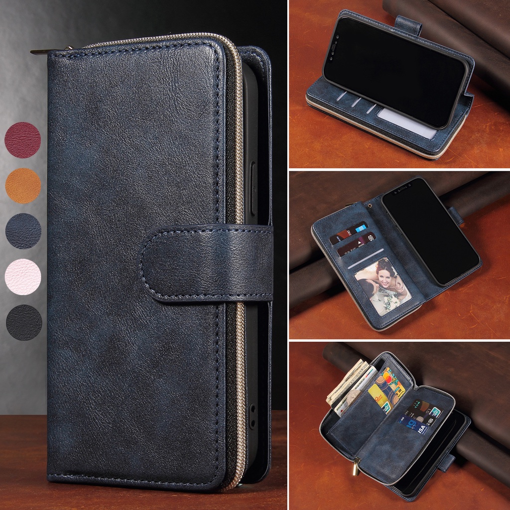 เคสฝาพับ เคสเปิดปิด Case for iPhone 11 15 Pro Max 14 Plus 12 13 Mini X XS XR เคสโทรศัพท์มือถือหนัง PU ฝาพับ พร้อมช่องใส่บัตร และขาตั้งในตัว หรูหรา Flip Cover Leather Zipper Wallet With Multi Card Slots Holder ซองมือถือ