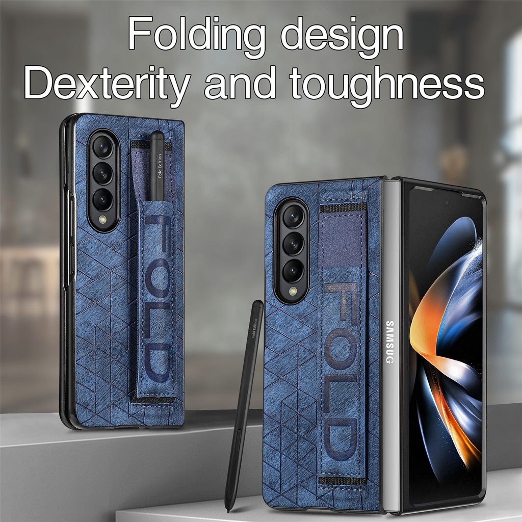 ทนทานปลอกกันชนพร้อมช่องเสียบปากกาสําหรับ Samsung Galaxy Z Fold6 Fold5 พับ 4 Z พับ 3 สายรัดข้อมือ Samsung Z พับ 6 5 Z พับ 4 3 เคสโทรศัพท์