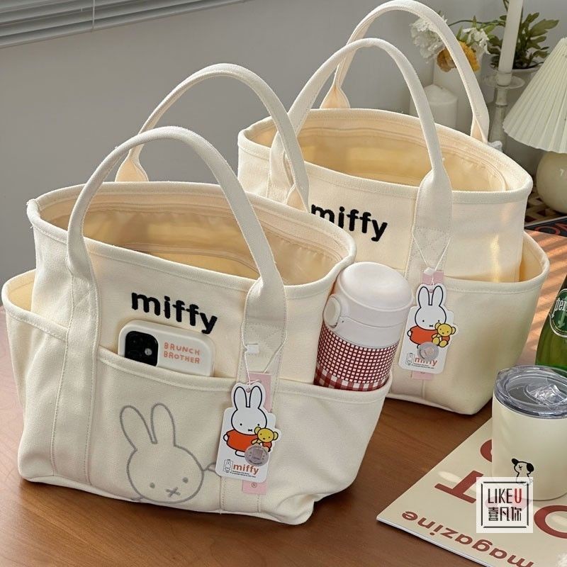 ♞,♘,♙HOT SALE Miffy กระต่าย Thicken Style Tote Canvas Tote กระเป๋าถือ Casual Cartoon Bento กระเป๋าแม่
