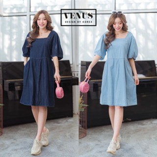 Jeans Dress เดรสคอเหลี่ยมผ้ายีนเนื้อดี งานสวยนะคะ ด้านข้างแต่งกระเป๋าคะ ทรงโอเวอร์ไซต์