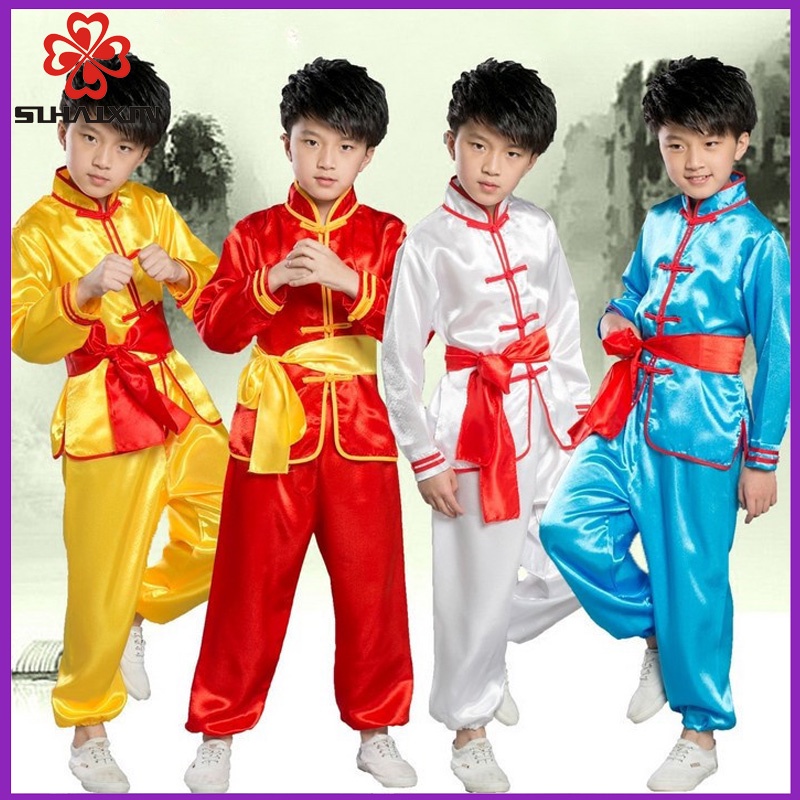 เด็กชุดกังฟูแขนยาวศิลปะการต่อสู้เสื้อกางเกง2ชิ้นชุด (สีเหลือง/สีแดง/สีขาว/สีฟ้า) ศิลปะการต่อสู้ประสิทธิภาพเครื่องแต่งกายชายหญิงเสื้อผ