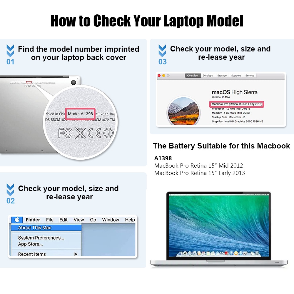 Coeknn 99Wh A1417แบตเตอรี่แล็ปท็อปสำหรับ Apple Macbook Pro 15นิ้ว A1398 (กลาง2012 Early 2013) Retina MC975LL/A MC976LL/A