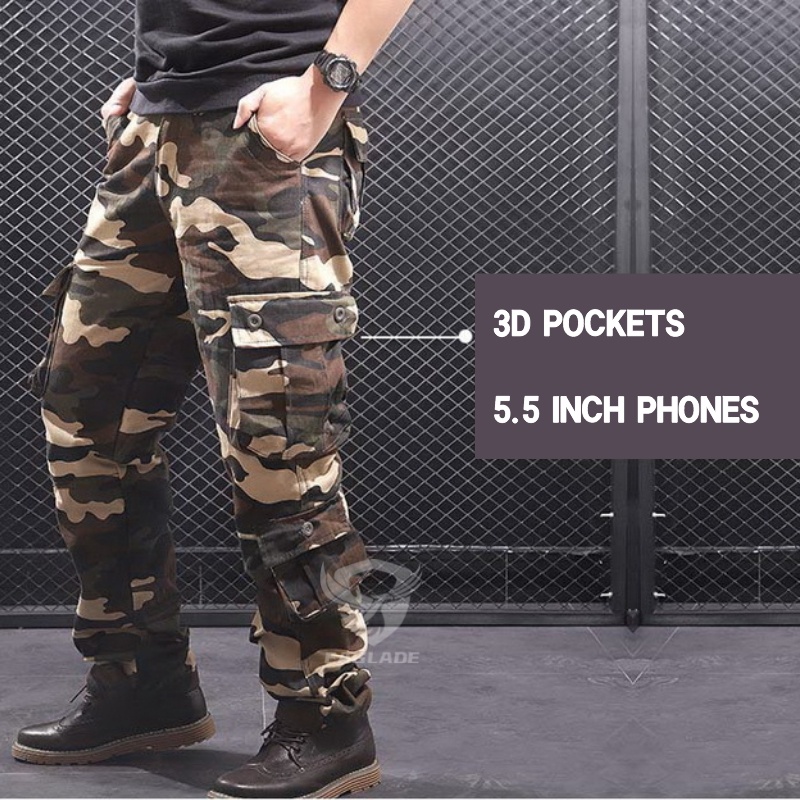 กางเกงคาร์โก้ยุทธวิธีเดินป่ากีฬากลางแจ้งผ้าฝ้ายลายพรางกระเป๋าหลายช่อง - รูปที่ 4