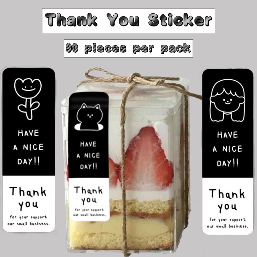 สติกเกอร์ฉลาก thank you ขนาดเล็ก สีดํา และสีขาว สีตัดกัน สําหรับตกแต่งบรรจุภัณฑ์ 3x9 ซม. 90 ชิ้น ต่อแพ็ก