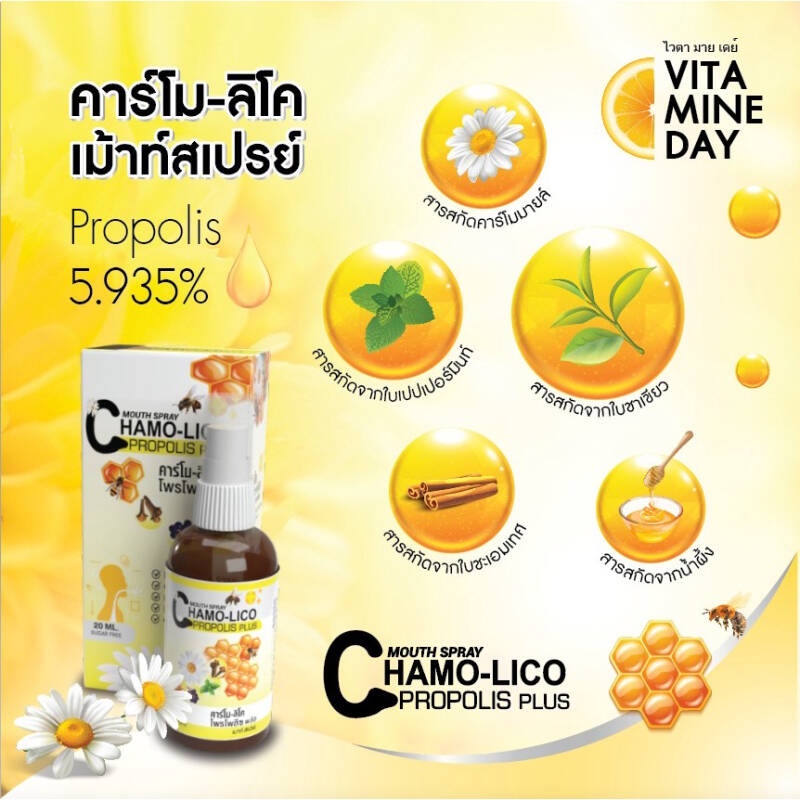 Chamo-Lico Mouth Spray Propolis Plus 20 ml คาร์โม-ลิโค เจ็บคอ แก้ไอระคายคอ ชุ่มคอ ลมหายใจสดชืน 10257 รูปที่ 2
