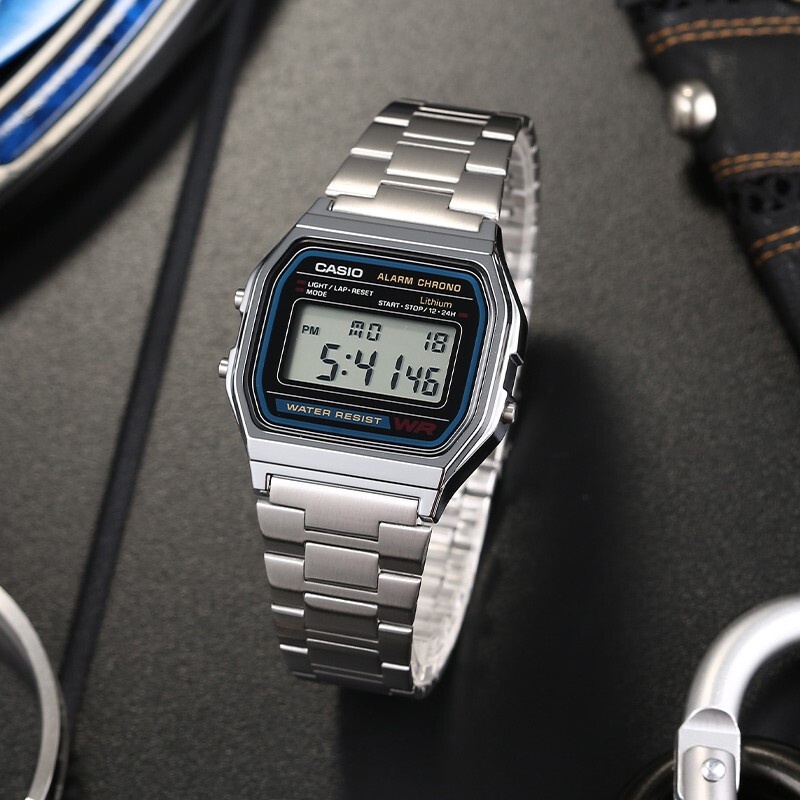 （สิงค้าขายดี) นาฬิกาข้อมือผู้ชายคาสิโอ ดิจิตอล Casio Digital สายสแตนเลส รุ่น A158WA-1DF - สีเงิน, A-158WA, A158WA, A158