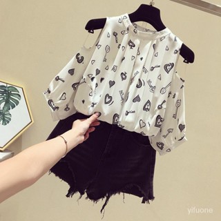 เสื้อชีฟองลายดอก สาวอวบผ้าชีฟองทรงหลวมสไตล์เกาหลี เปิดไหล่