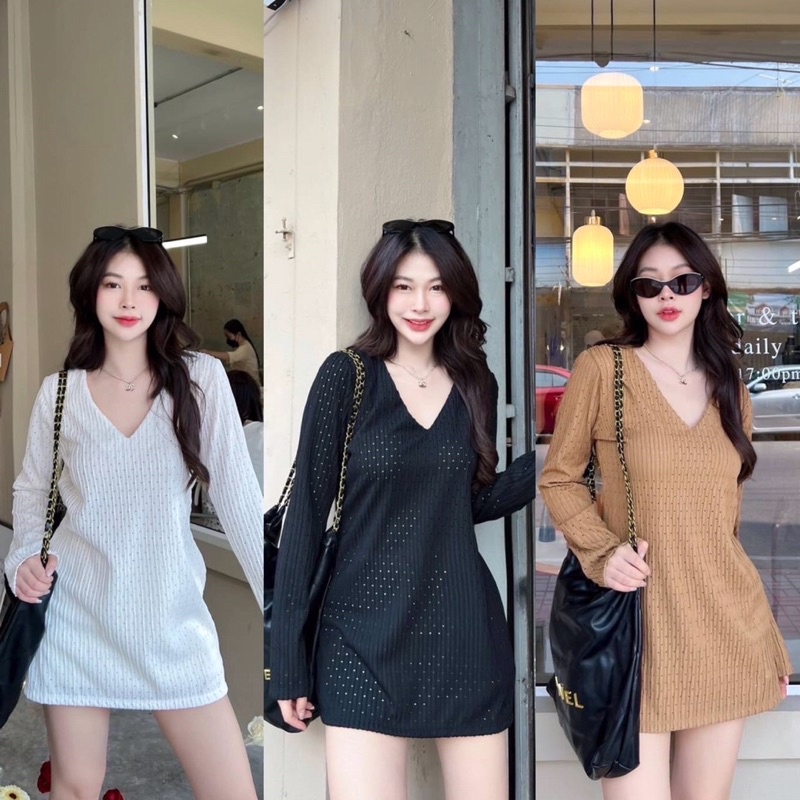 Morgan knit top เสื้อไหมพรมคอวี เสื้อตัวยาว ผ้าเนื้อไหมพรม