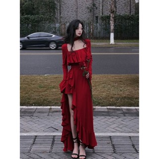 {Zhien} ใหม่ ชุดเดรสกระโปรงยาว สีแดง ขนาดใหญ่ สไตล์เจ้าหญิง เฮปเบิร์น ฝรั่งเศส แฟชั่นฤดูร้อน สําหรับสตรี