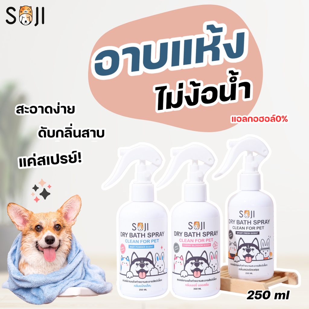 SOJI​ สเปรย์อาบน้ำแห้ง🐶🐱🐰 สุนัข แมว กระต่าย ดับกลิ่นสาบ แทนน้ำหอม ไม่มีแอลกอฮอล์ ขนาด​250​ml​ มี3​กลิ่น