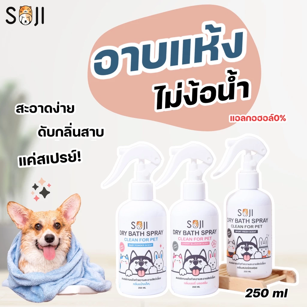 SOJI สเปรย์อาบน้ำแห้ง🐶🐱🐰 สุนัข แมว กระต่าย ดับกลิ่นสาบ แทนน้ำหอม ไม่มีแอลกอฮอล์ ขนาด250ml มี3กลิ่น